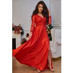 Czerwona wieczorowa suknia z dekoltem V i brokatową spódnicą- LaKey Carmen 2