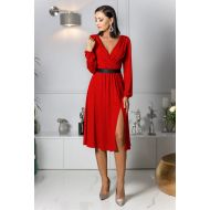Czerwona sukienka z poświatą kopertowa MIDI z rękawem Salma  - Czerwona sukienka z poświatą kopertowa MIDI z rękawem Salma