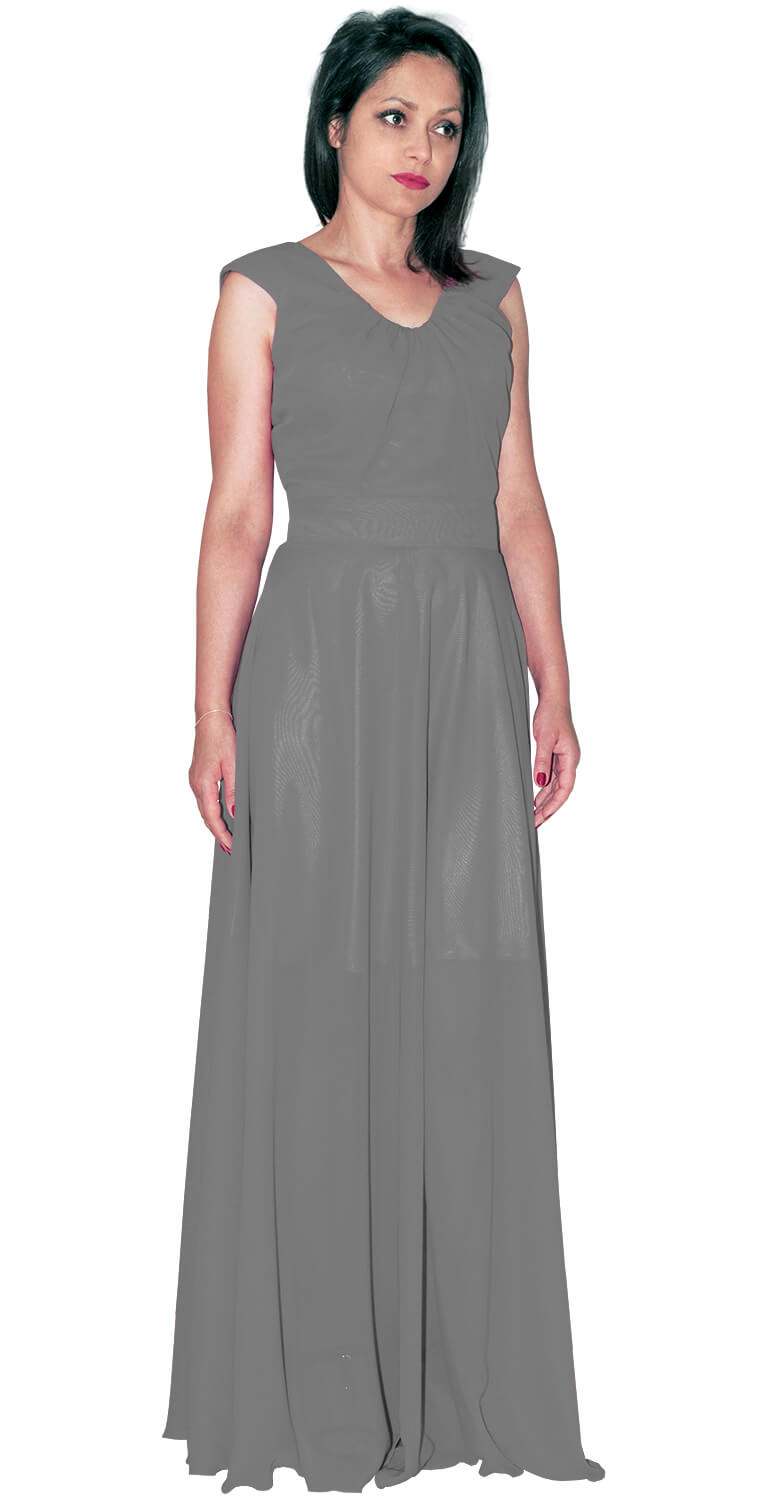 LaKey 335a Długa szara suknia szyfonowa z koła z dekoltem w serek