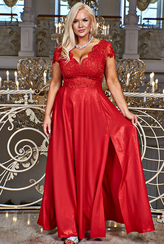 Czerwona wieczorowa suknia z dekoltem V i brokatową spódnicą na krótki rękaw- LaKey Carmen 2