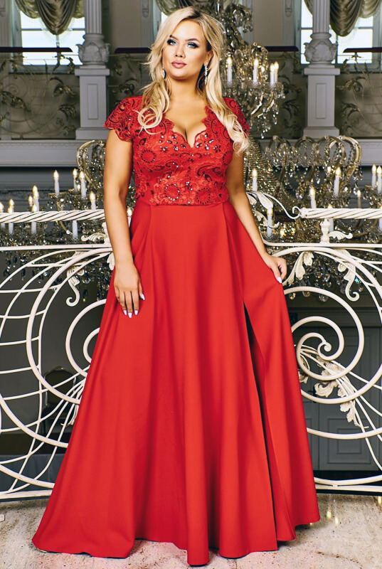 Długa czerwona wieczorowa suknia z dekoltem - Gabrielle