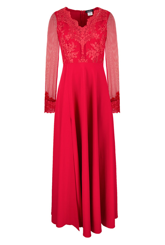 Długa czerwona sukienka z koronkowym rękawem - LaKey Ivana