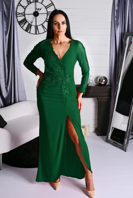 Długa prosta sukienka z koronką i rękawem Loren Bis - zielona z brokatem